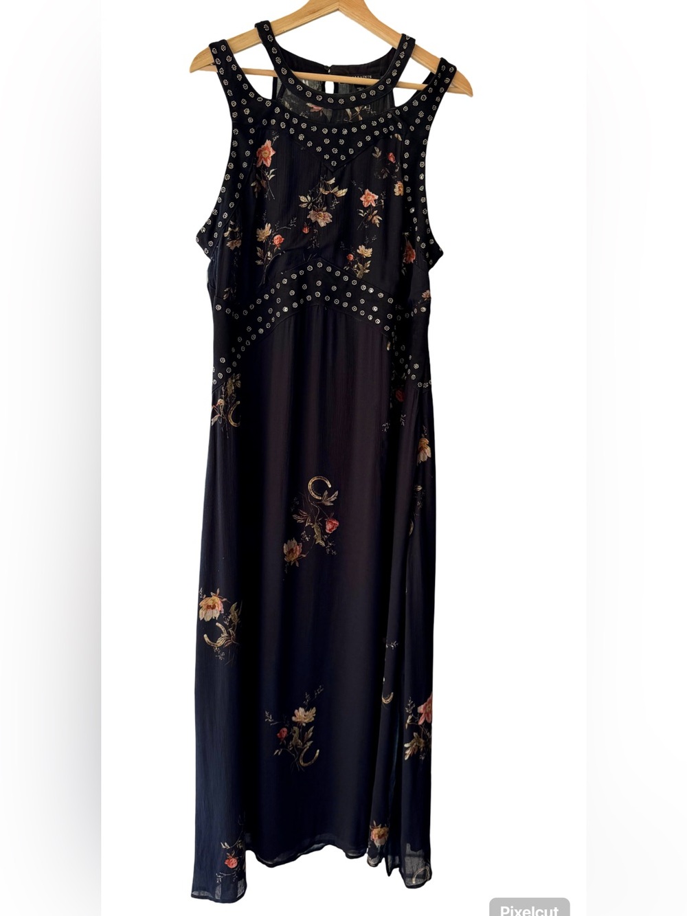 Allsaints Jessie Tanana Dress - Floral Studded Midi with Suede Detail - Like New - Picture 3 of 6